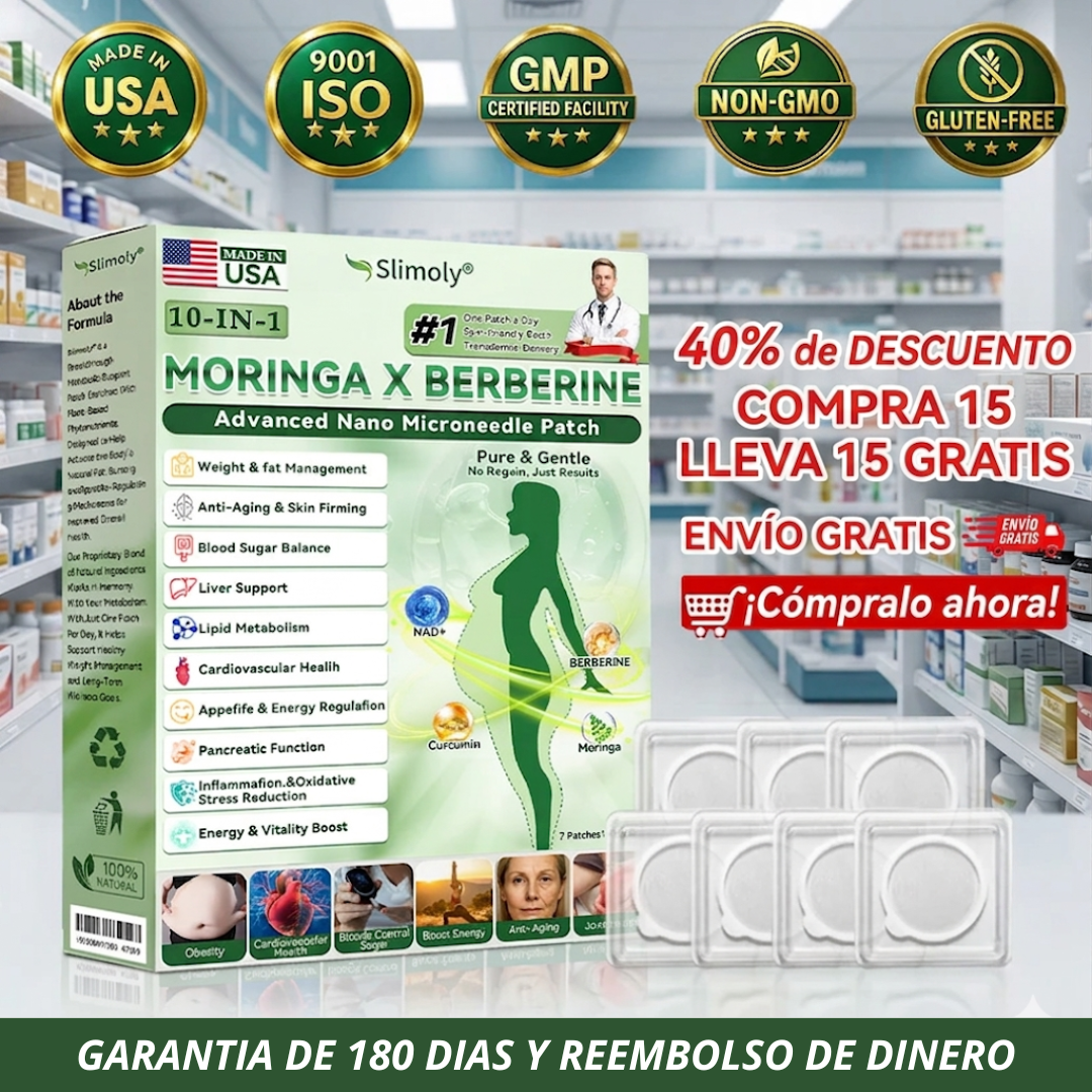 Slimoly™ - Parches de Moringa + Berberina + NAD+ para reduccion y quema de grasa, control de azucar en sangre y reduccion de antojos