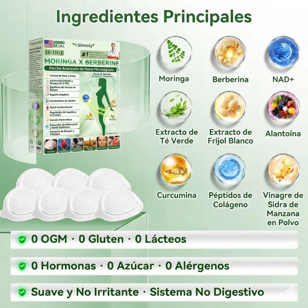 Slimoly™ - Parches de Moringa + Berberina + NAD+ para reduccion y quema de grasa, control de azucar en sangre y reduccion de antojos